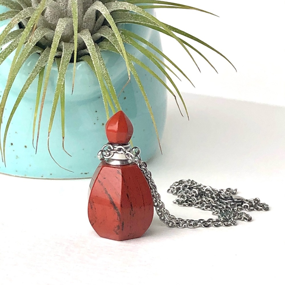 COPY - Red Jasper Gemstone Perfume Bottle Essential Oil Necklace Pendant Silver…